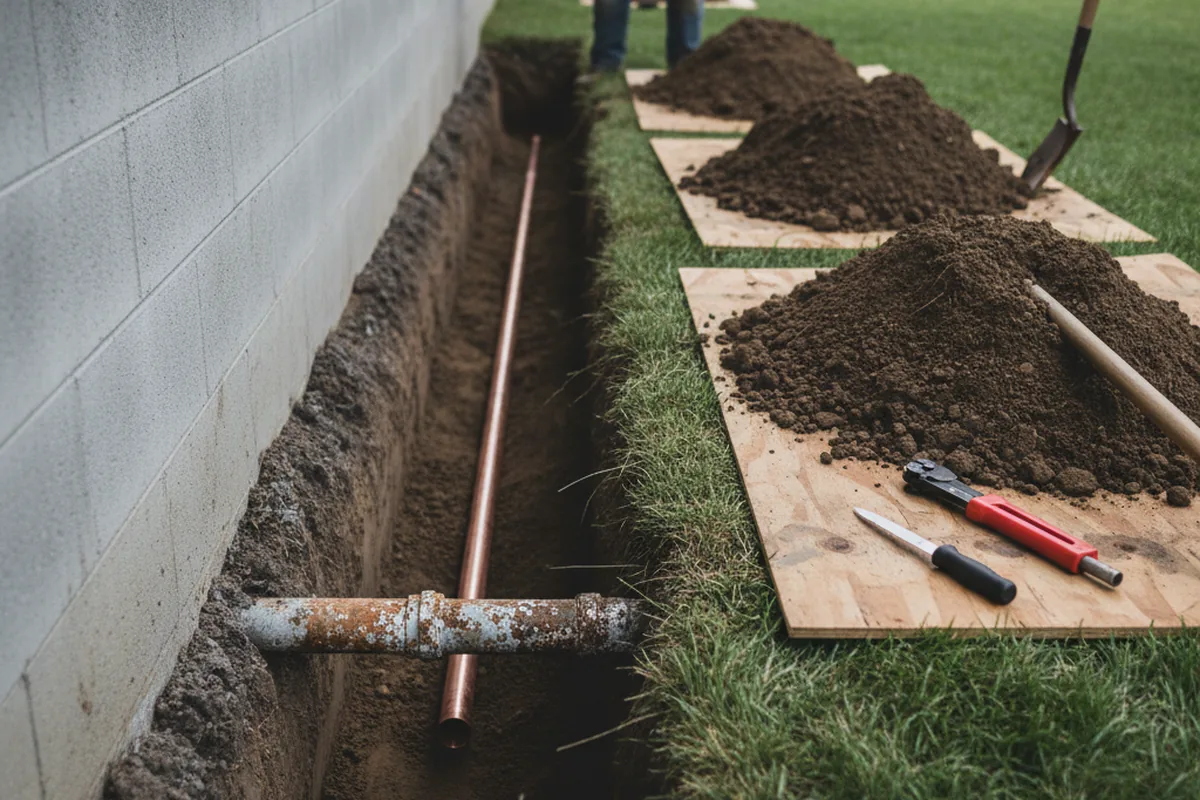 Excavated water line trench during Sewer Line Repair in West Mansfield